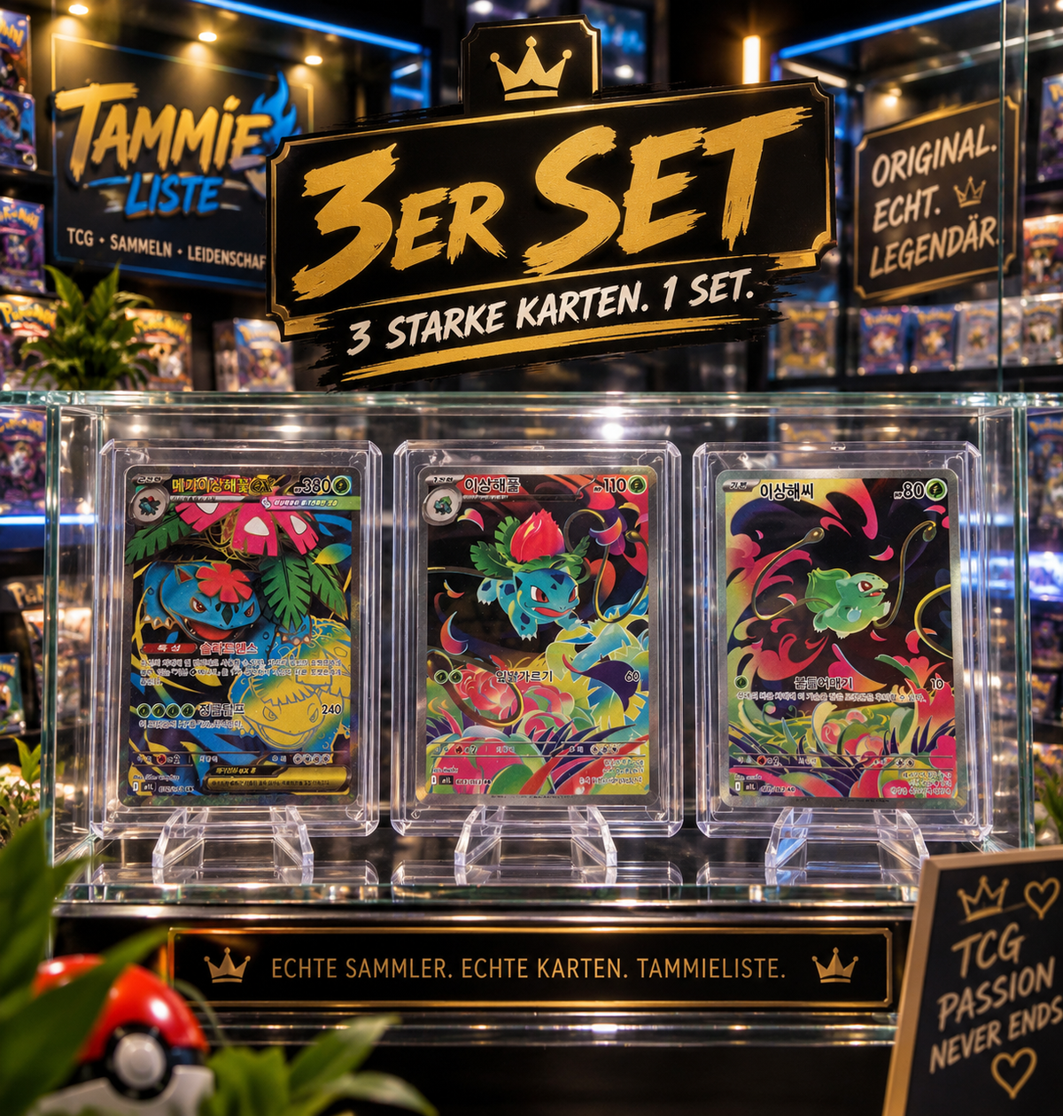 Pokémon Karten 3er Set – Bisasam, Bisaknosp Mega-Bisaflor ex